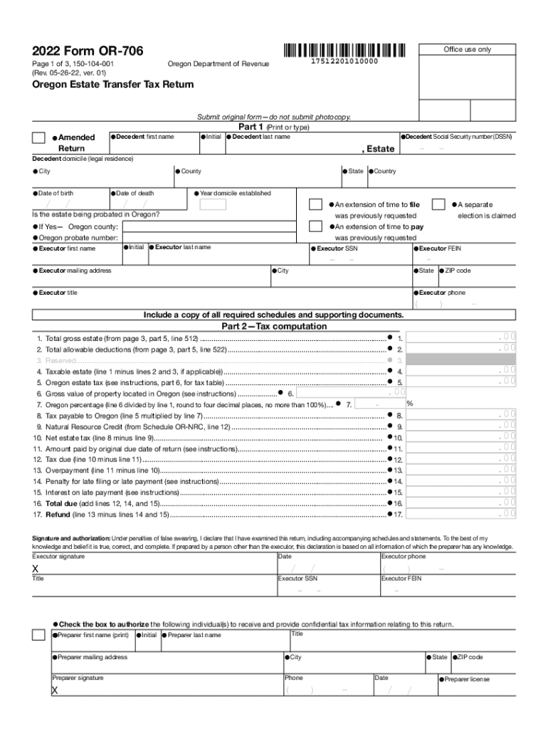Fillable Online 2022, Form OR706, Oregon Estate Transfer Tax Return