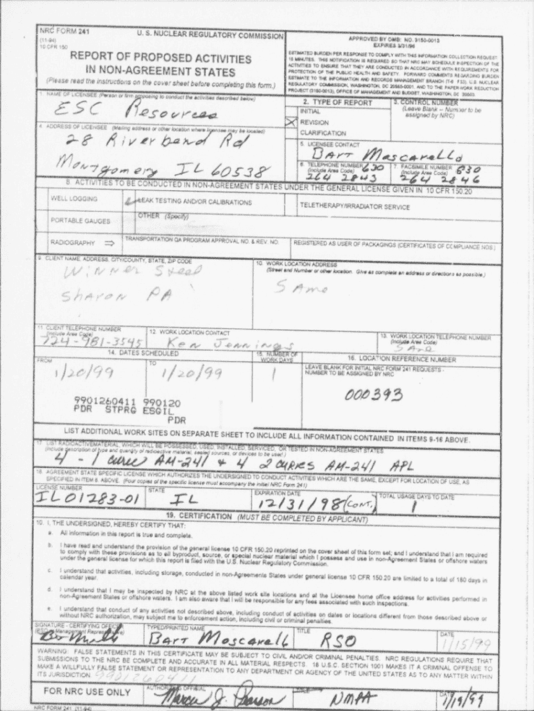 Fillable Online www.nrc.govdocsML0036FORM 241 U.S. NUCLEAR REGULATORY ...