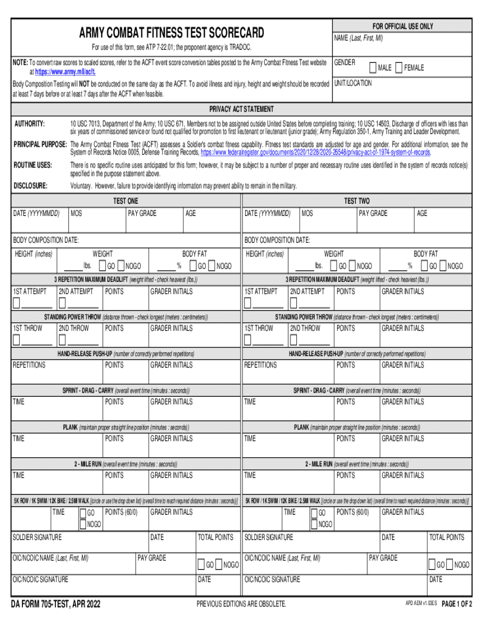 Da Form 705 Army Physical Fitness Test Scorecard Form In PDF