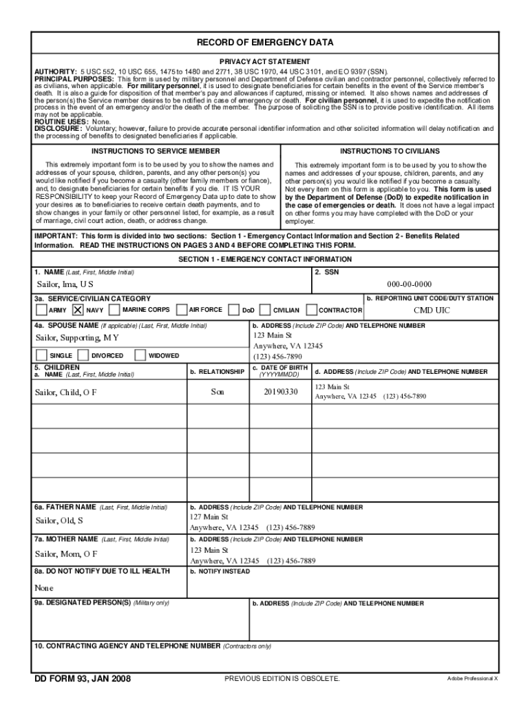 Fillable Online Dd Form 93pdf Record Of Emergency Data Privacy Act