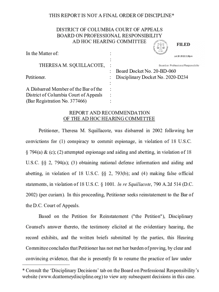 Fillable Online THIS REPORT IS NOT A FINAL ORDER OF DISCIPLINE* DC