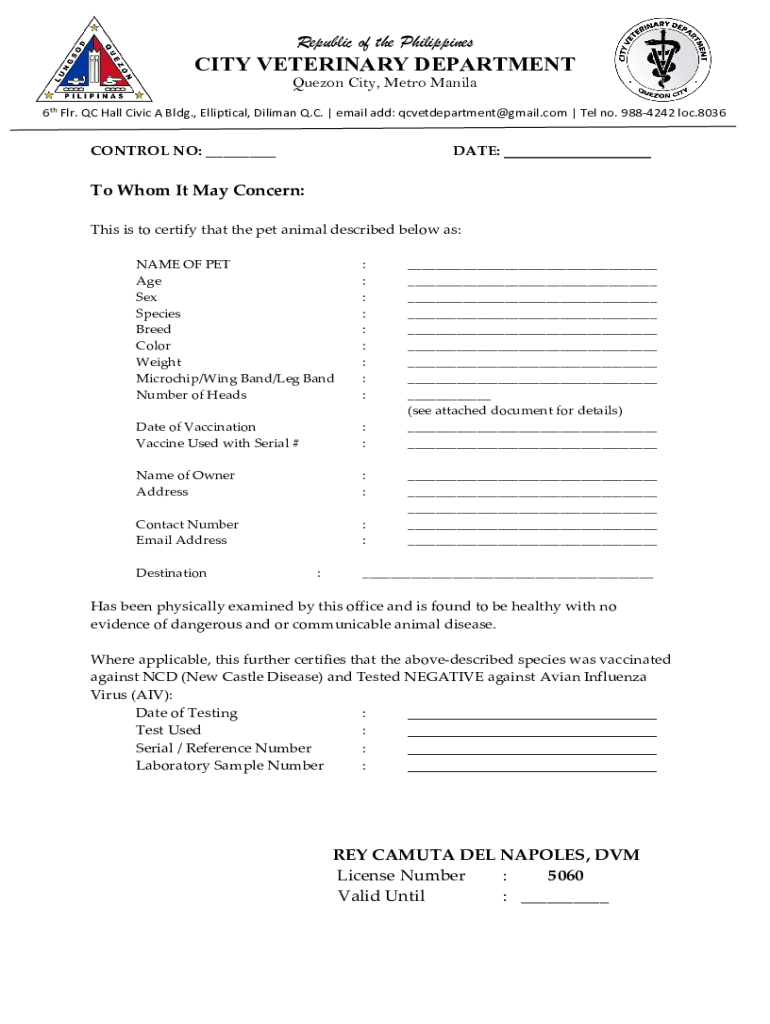 Fillable Online Republic of the Philippines CITY VETERINARY DEPARTMENT