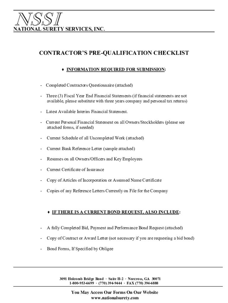 CONTRACTORS PRE-QUALIFICATION CHECKLIST - National Surety Preview on Page 1