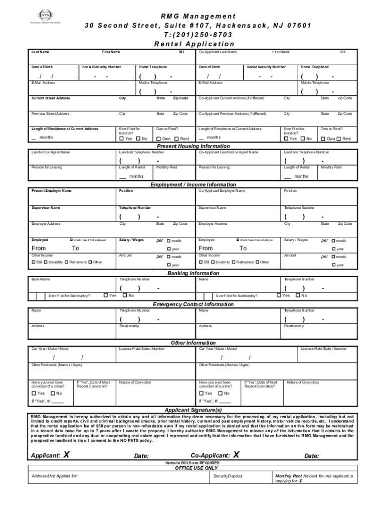 Fillable Online RMG Management 30 Second Street, Suite 107, Hackensack