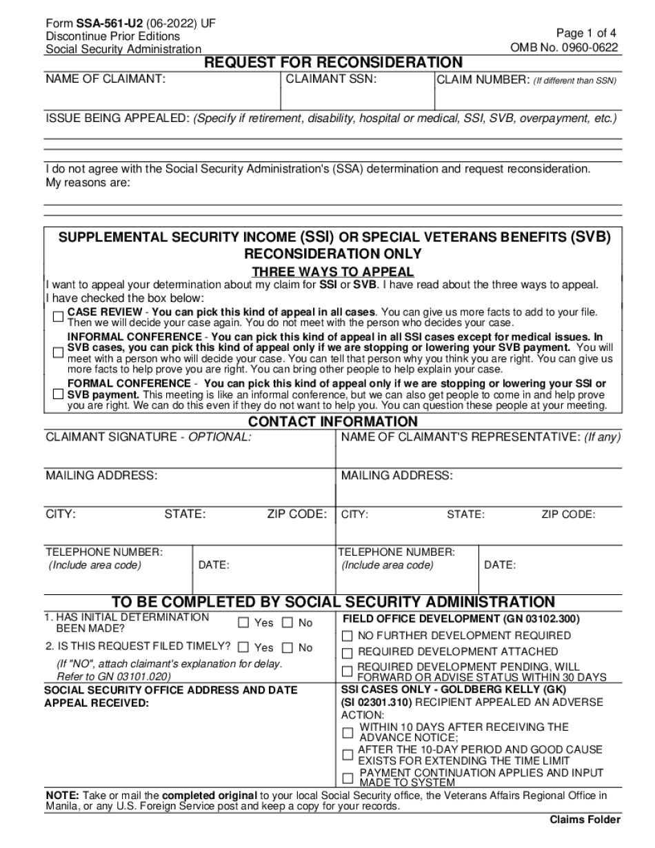 Request For Reconsideration - Form Ssa-561-U2