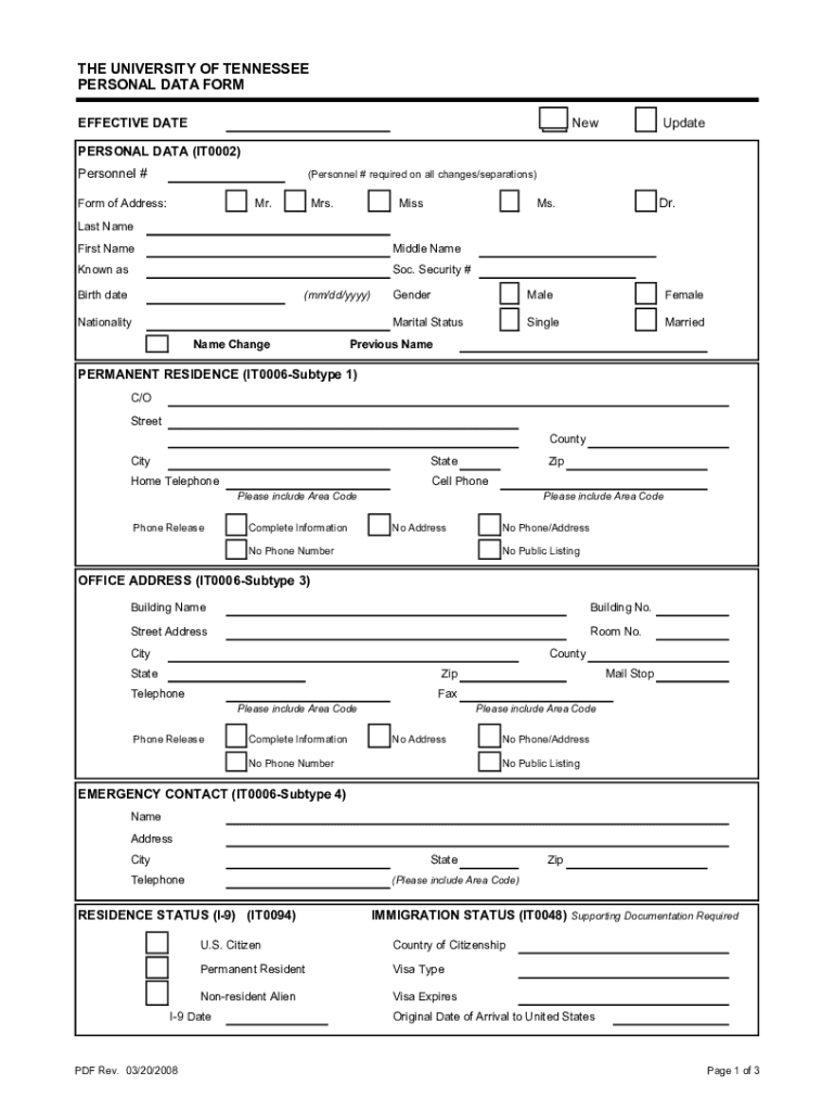Fillable Online THE UNIVERSITY OF TENNESSEE PERSONAL DATA FORM