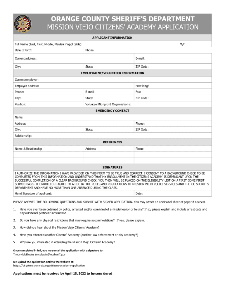 Fillable Online PDF orange county sheriff's department mission viejo citizens' academy Fax