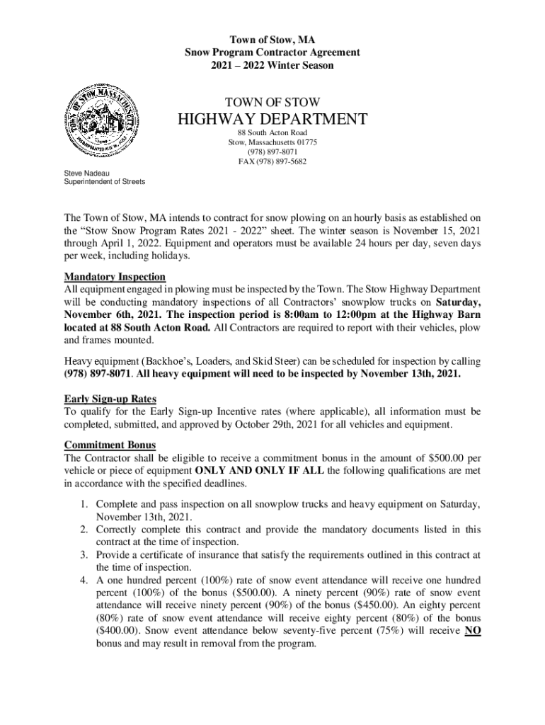 Fillable Online TOWN OF STOW HIGHWAY DEPARTMENT Stow, Massachusetts