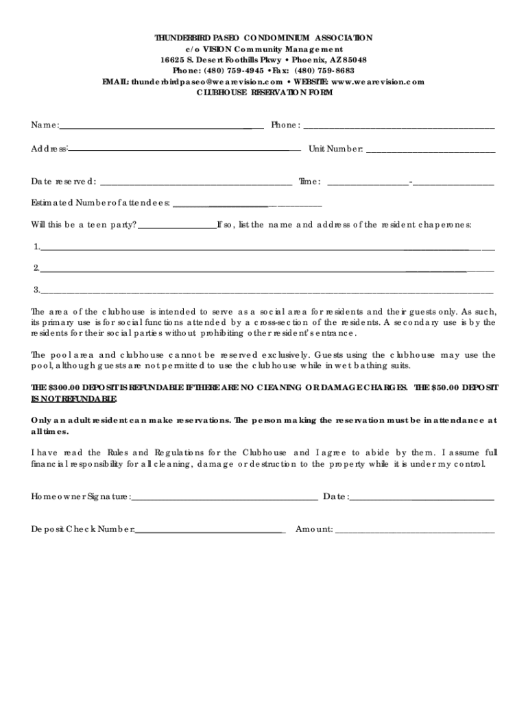 Fillable Online THUNDERBIRD PASEO CONDOMINIUM ASSOCIATION CLUBHOUSE