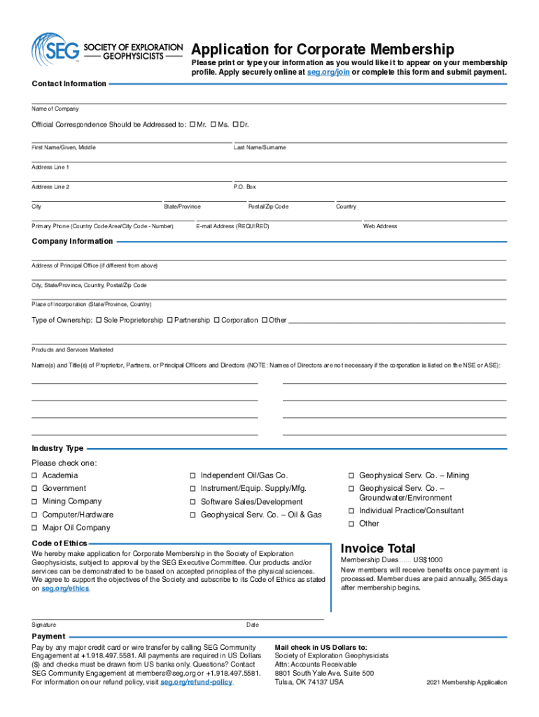 Corporate Membership Information and Application Form Preview on Page 1