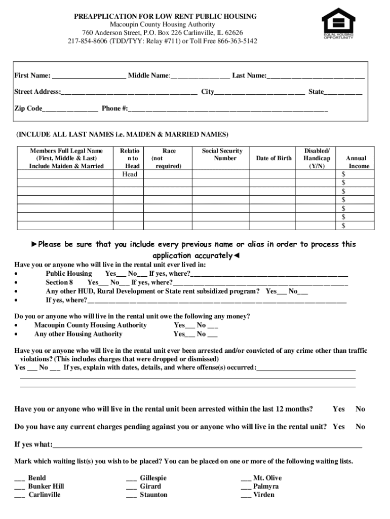 Fillable Online PREAPPLICATION FOR LOW RENT PUBLIC HOUSING Macoupin