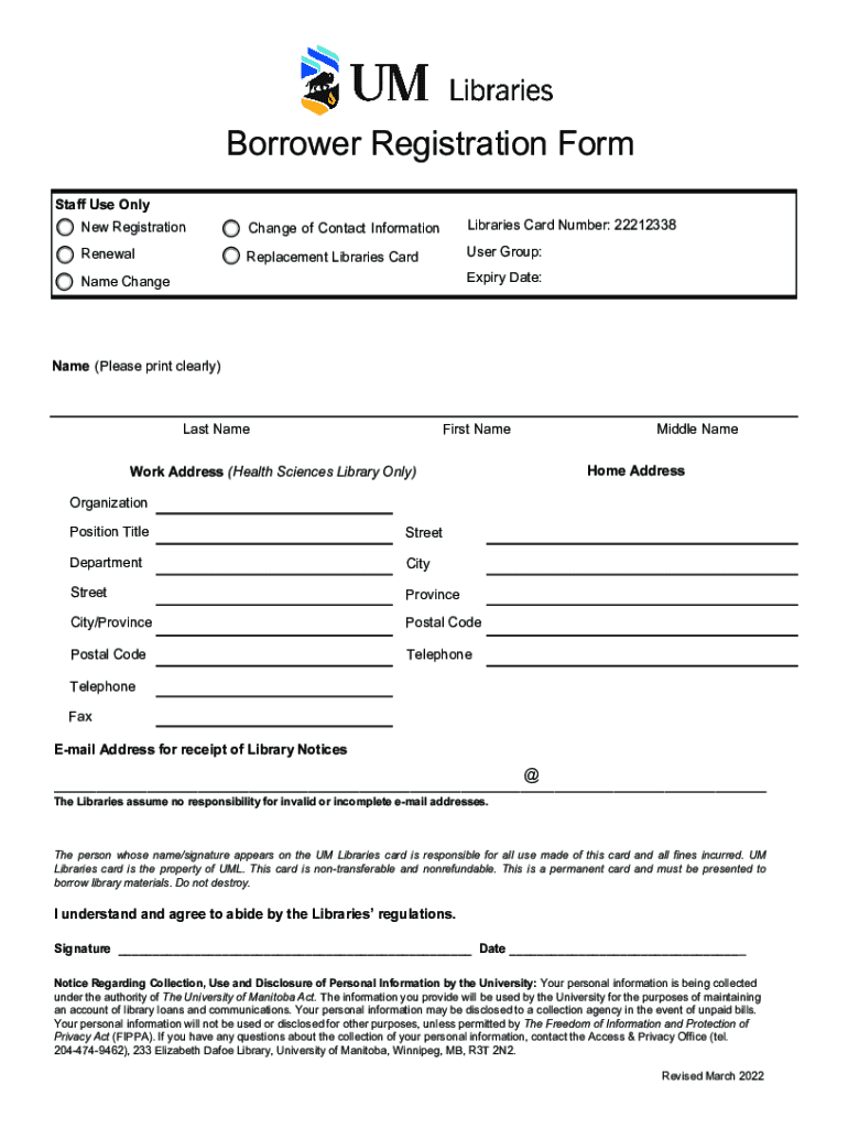 Fillable Online Borrower Registration Form University of Manitoba Fax