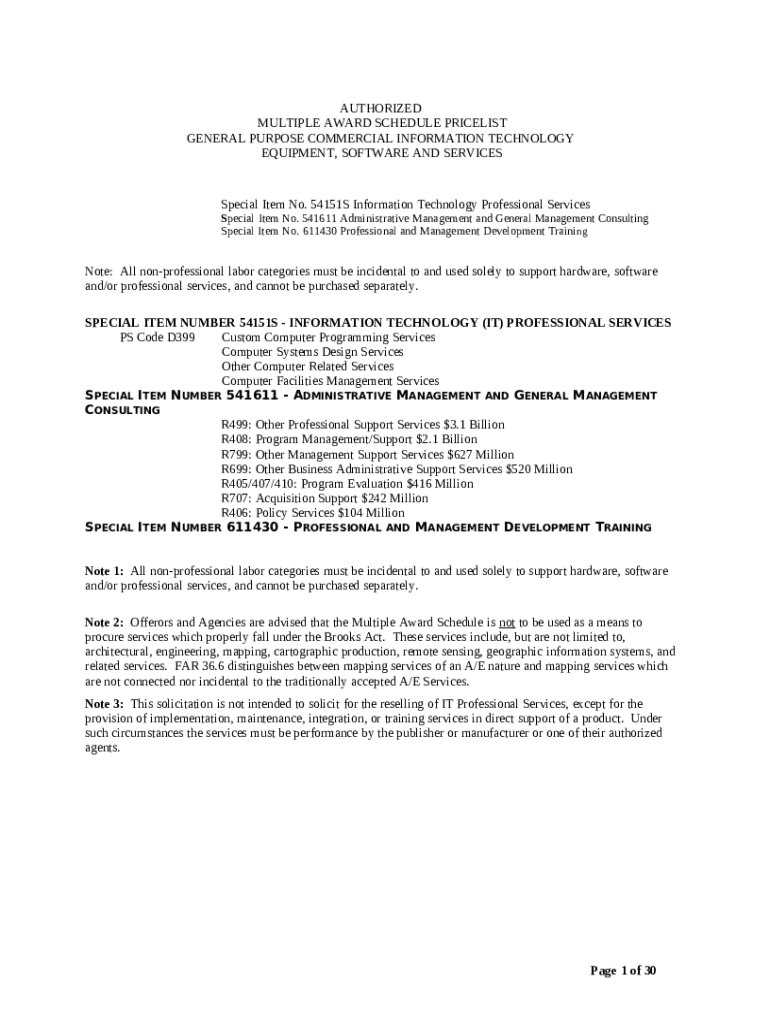 AUTHORIZED FEDERAL SUPPLY SERVICE MULTIPLE AWARD SCHEDULE PRICELIST