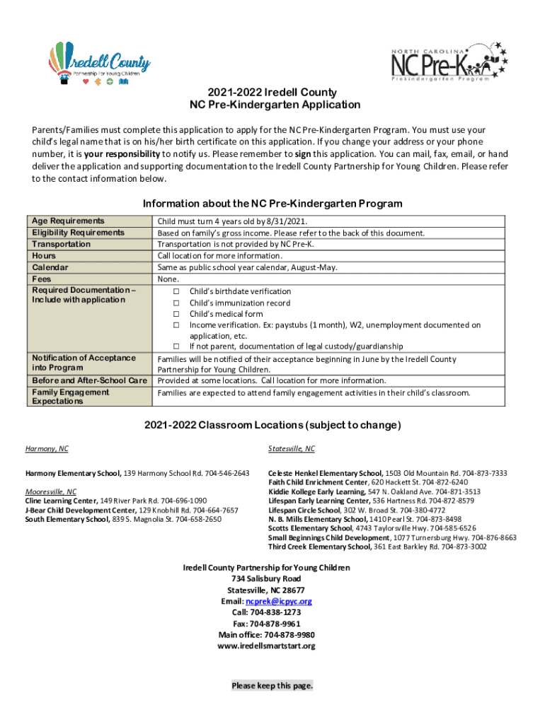 Fillable Online 20212022 Iredell County NC PreKindergarten