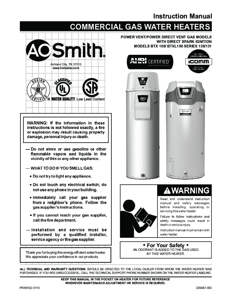 Fillable Online A.O. SMITH BTXL100 INSTRUCTION MANUAL Pdf Download Fax