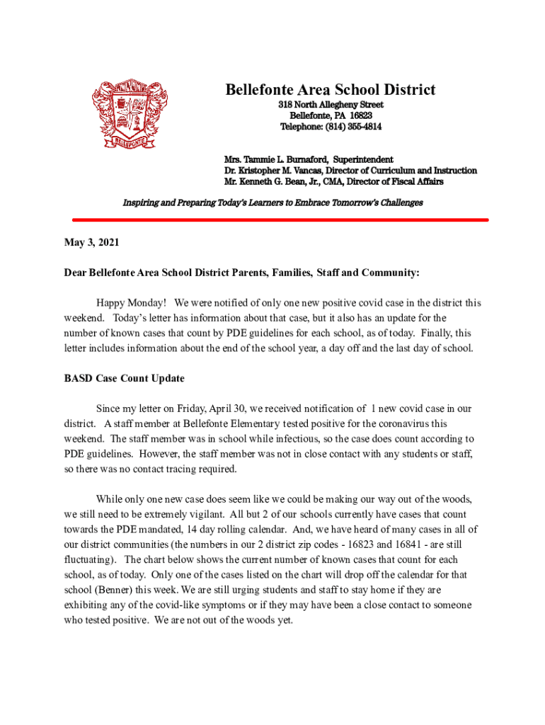 Fillable Online Dear BASD Parents, Families, and Staff Bellefonte