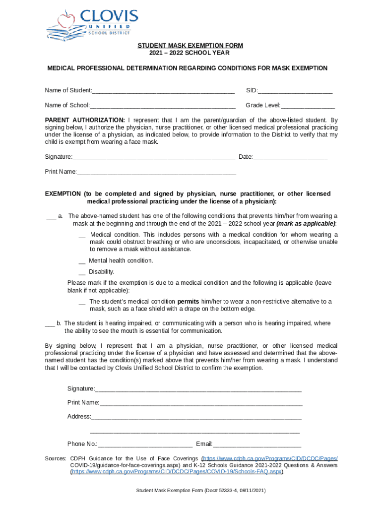 STUDENT MASK EXEMPTION 20212022 SCHOOL YEAR MEDICAL CUSD Doc