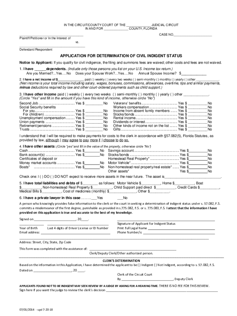 application for civil indigent status Preview on Page 1