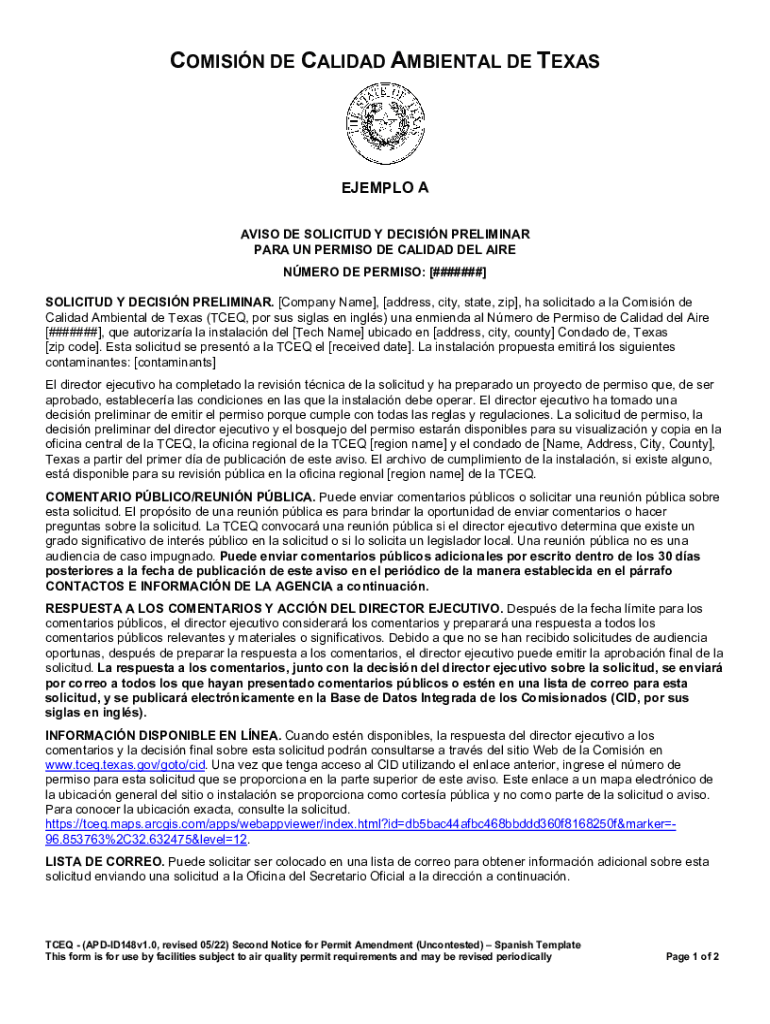 Fillable Online TCEQ Second Notice for Permit Amendment (Uncontested