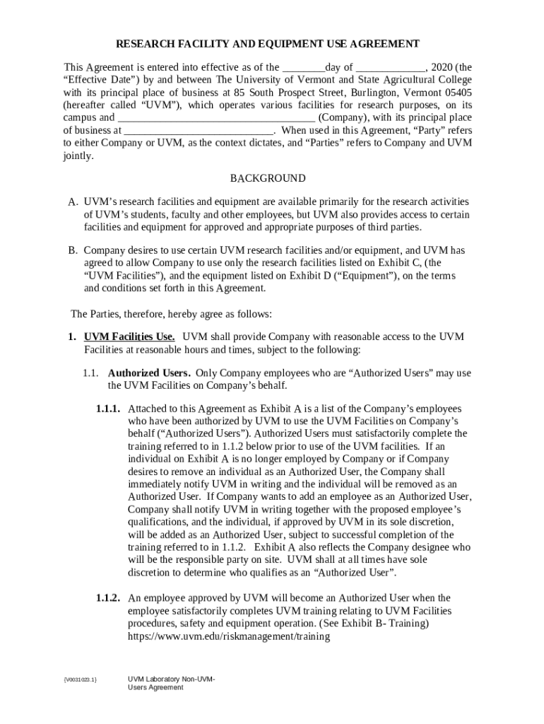 Research Facility and Equipment Use Agreement Doc Template pdfFiller
