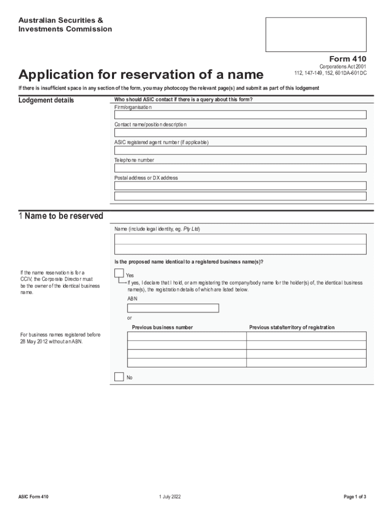 asic regulatory-resourcesforms410 Application for reservation of a nameASIC - Australian Preview on Page 1