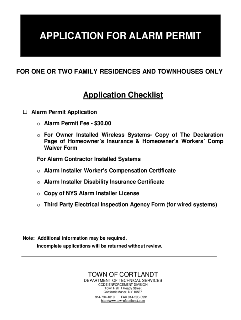 Fillable Online APPLICATION FOR ALARM PERMIT - Cortlandt, New York Fax ...
