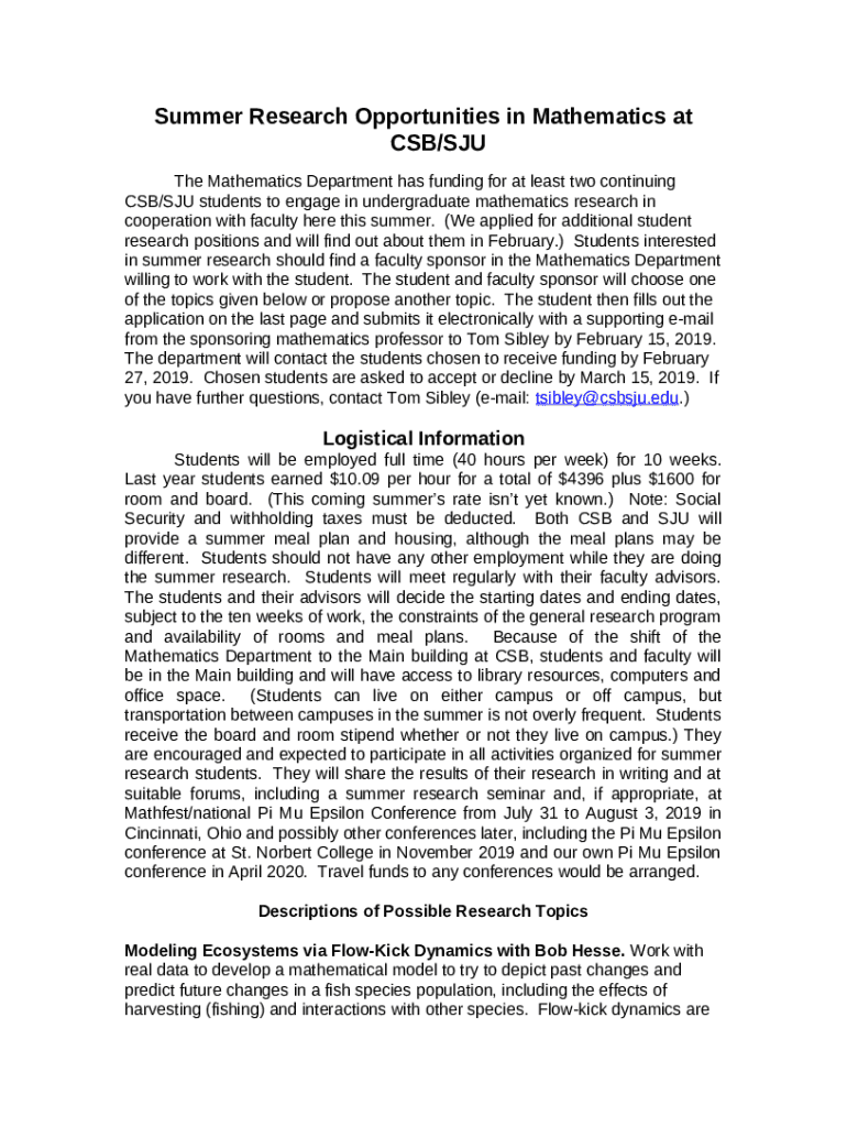 Summer Research OpportunitiesCSB SJU Doc Template PdfFiller