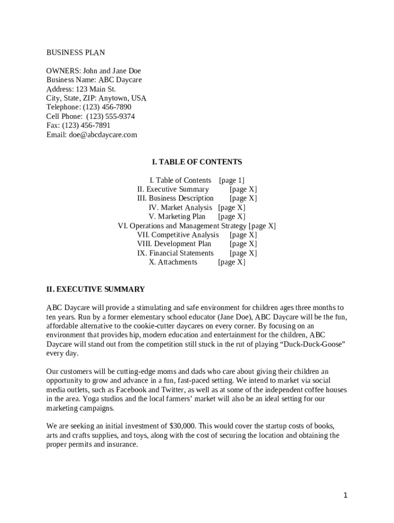 Business Plan Template Day Care Business Plan Doc