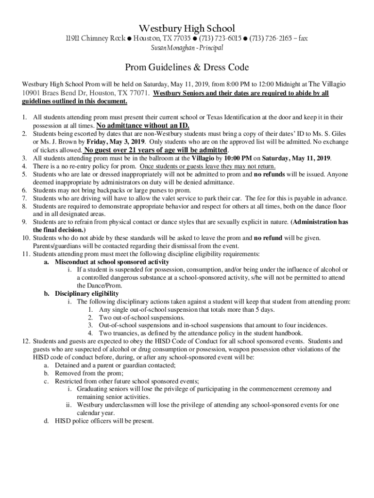 Fillable Online Prom Guidelines & Dress Code Houston Independent