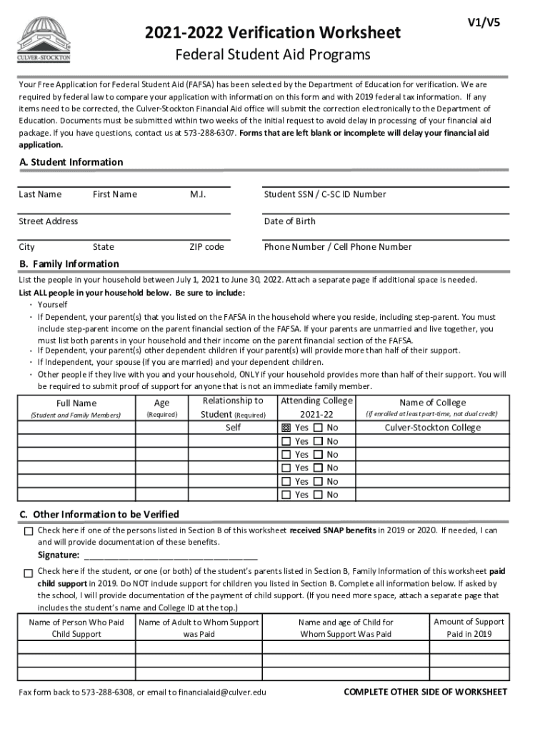 Fillable Online 20212022 Verification Worksheet V1/V5 Culver