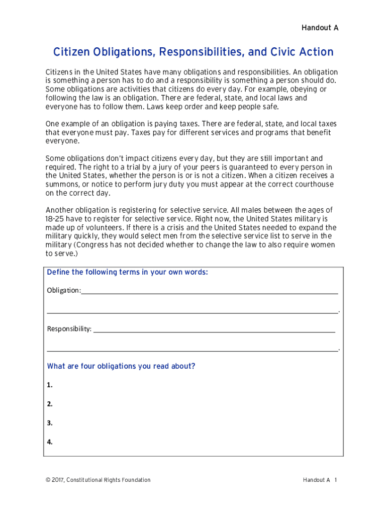 Fillable Online Citizen Obligations, Responsibilities, and Civic Action ...