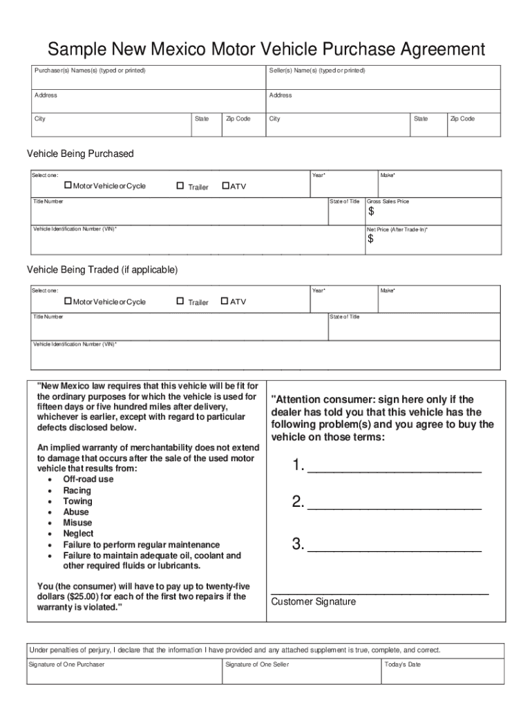 Fillable Online Sample New Mexico Motor Vehicle Purchase Agreement Fax ...