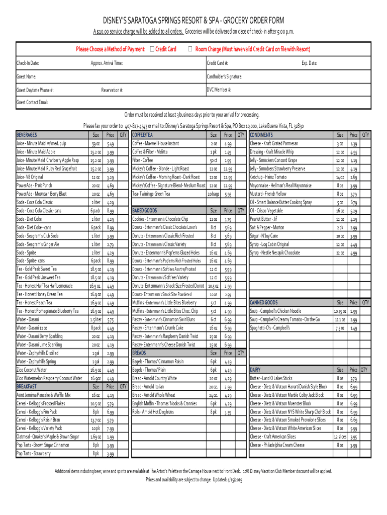 disneyvacationclub disney go mediadvcDISNEY'S SARATOGA SPRINGS RESORT and SPA - GROCERY ORDER FORM Preview on Page 1