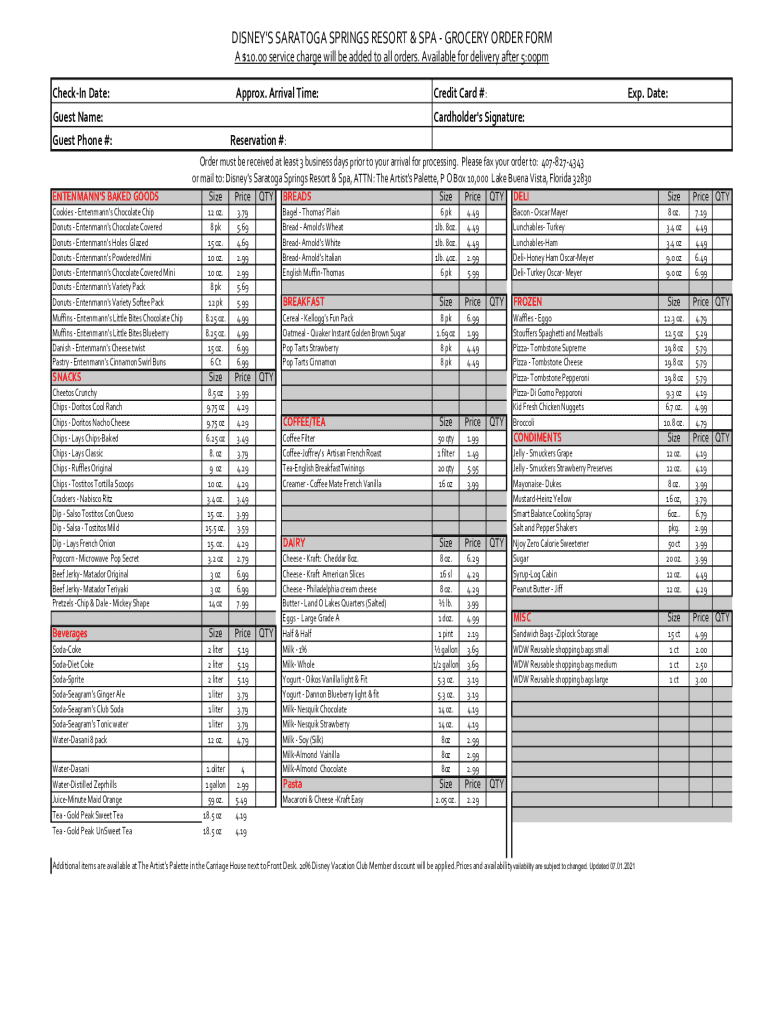 DISNEY'S SARATOGA SPRINGS RESORT and SPA - GROCERY ORDER FORM A $10 00 Preview on Page 1