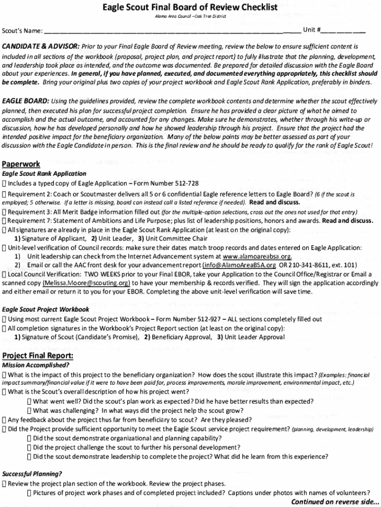 Fillable Online Eagle Scout Final Board of Review Checklist Alamo