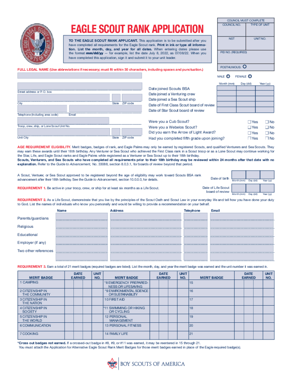 Eagle Scout Rank Application 2023 Form