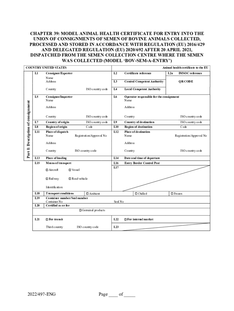 Fillable Online CHAPTER 39 MODEL ANIMAL HEALTH CERTIFICATE FOR ENTRY