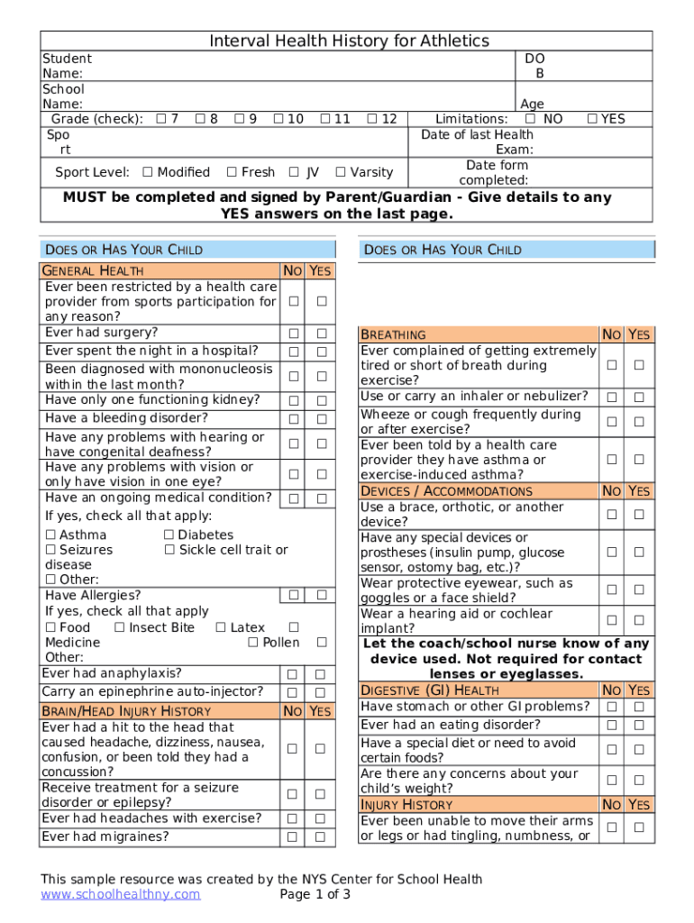 Sample NYSED Interval Health History for SharpSchool