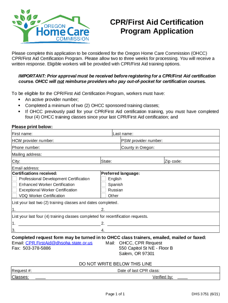 CPR First Aid Certification Application. Cf 1260A 6/12 apps state or