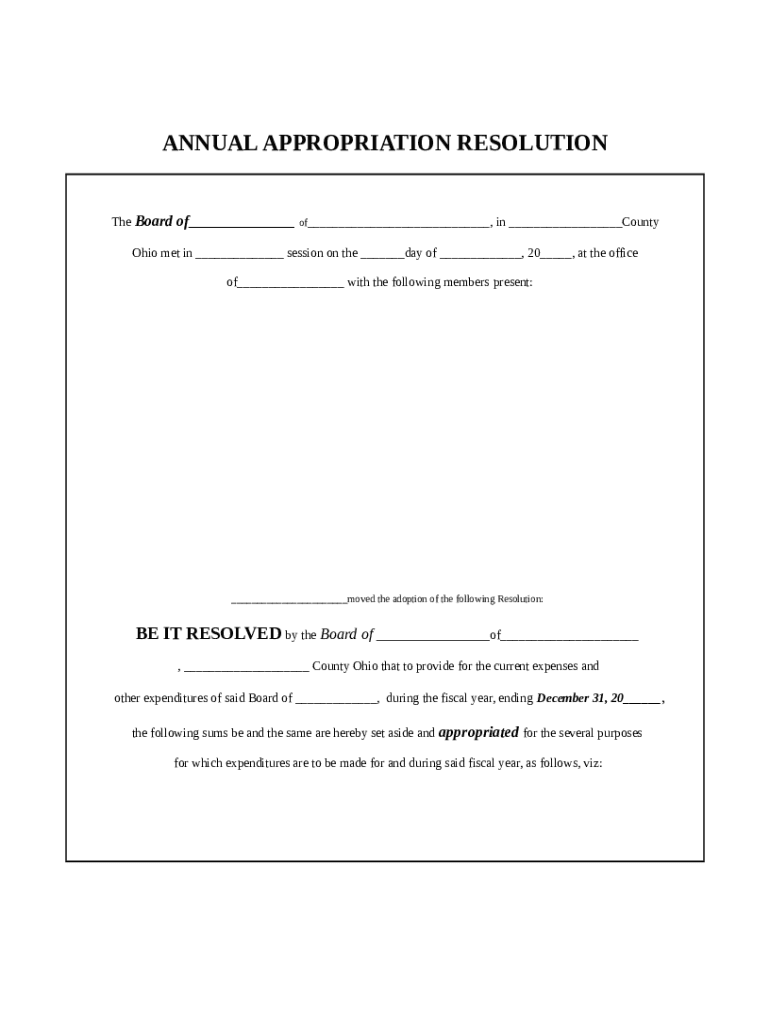 TOWNSHIP ANNUAL APPROPRIATION RESOLUTION Ohio Auditor Doc Template