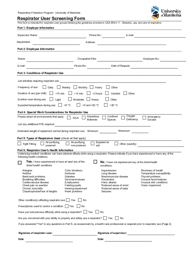 Fillable Online Respirator User Screening Form University of Manitoba