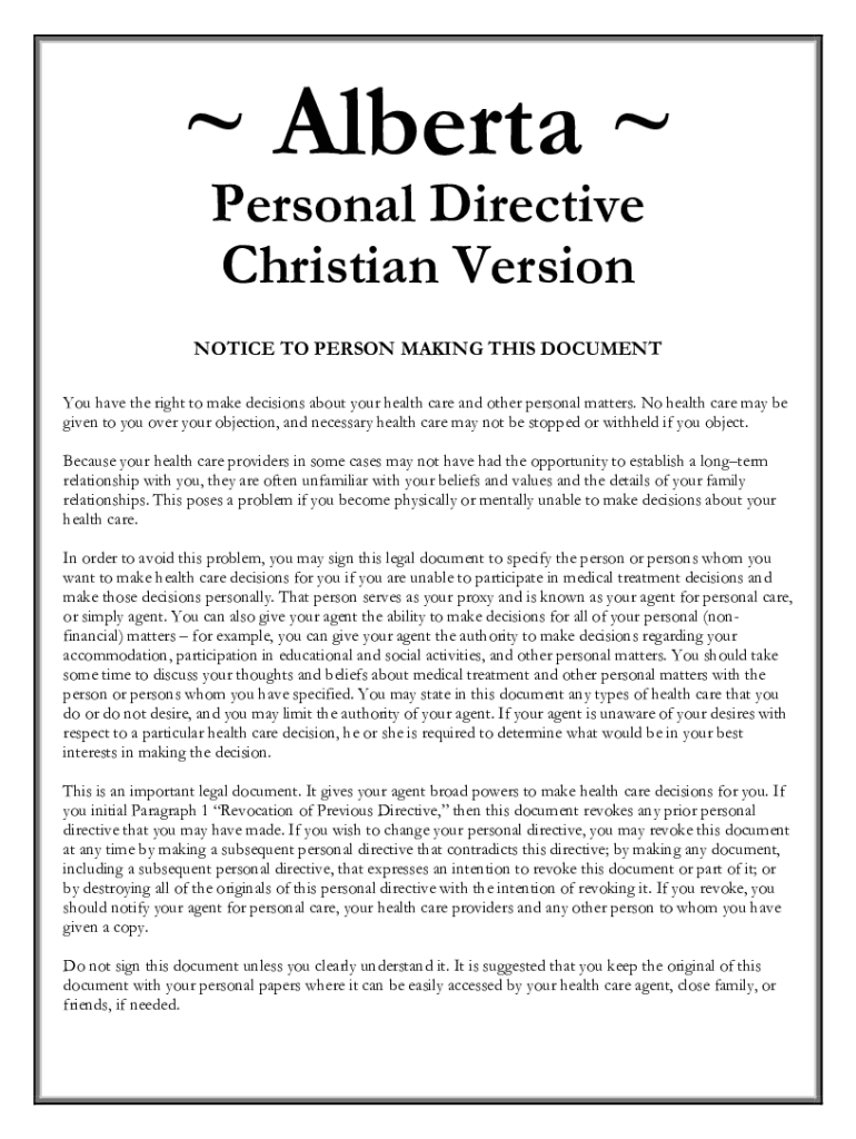 Fillable Online Alberta Personal Directive FormLegal Forms and