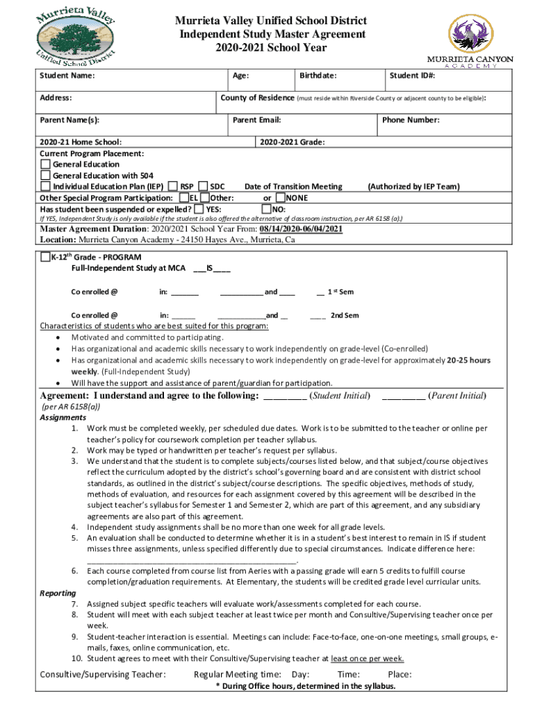Fillable Online Master Agreement Murrieta Valley Unified School