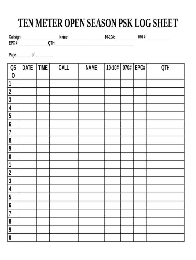 TEN METER OPEN SEASON PSK LOG SHEET Doc Template PdfFiller ten-meter-open-season-psk-log-sheet-doc-template-pdffiller