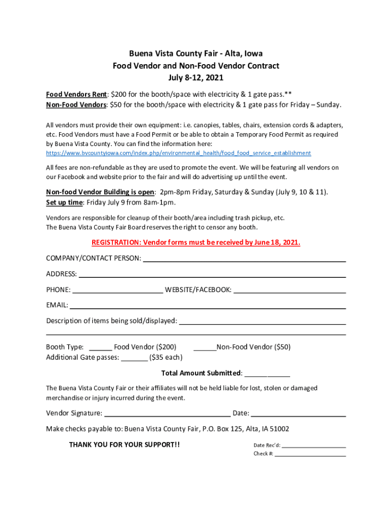 Fillable Online Buena Vista County Fair Alta, Iowa Food Vendor and