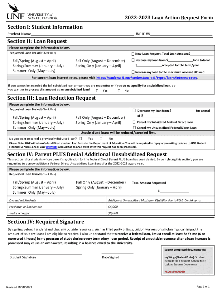 2022-2023 Loan Action Request Form - University of North Florida Preview on Page 1