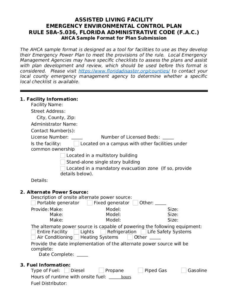 ASSISTED LIVING FACILITY EMERGENCY ENVIRONMENTAL CONTROL PLAN RULE 58A Preview on Page 1