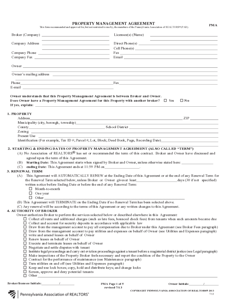 Fillable Online Pennsylvania Property Management Agreement PDF Fax