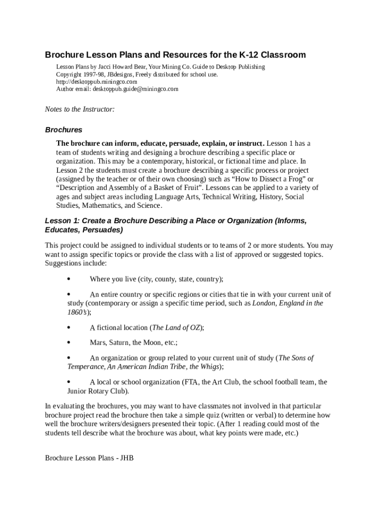 Brochure Lesson Plans for the K12 Classroom Desktop Publishing Brochure Lesson Plans for the K12 Classroom Desktop Publishing