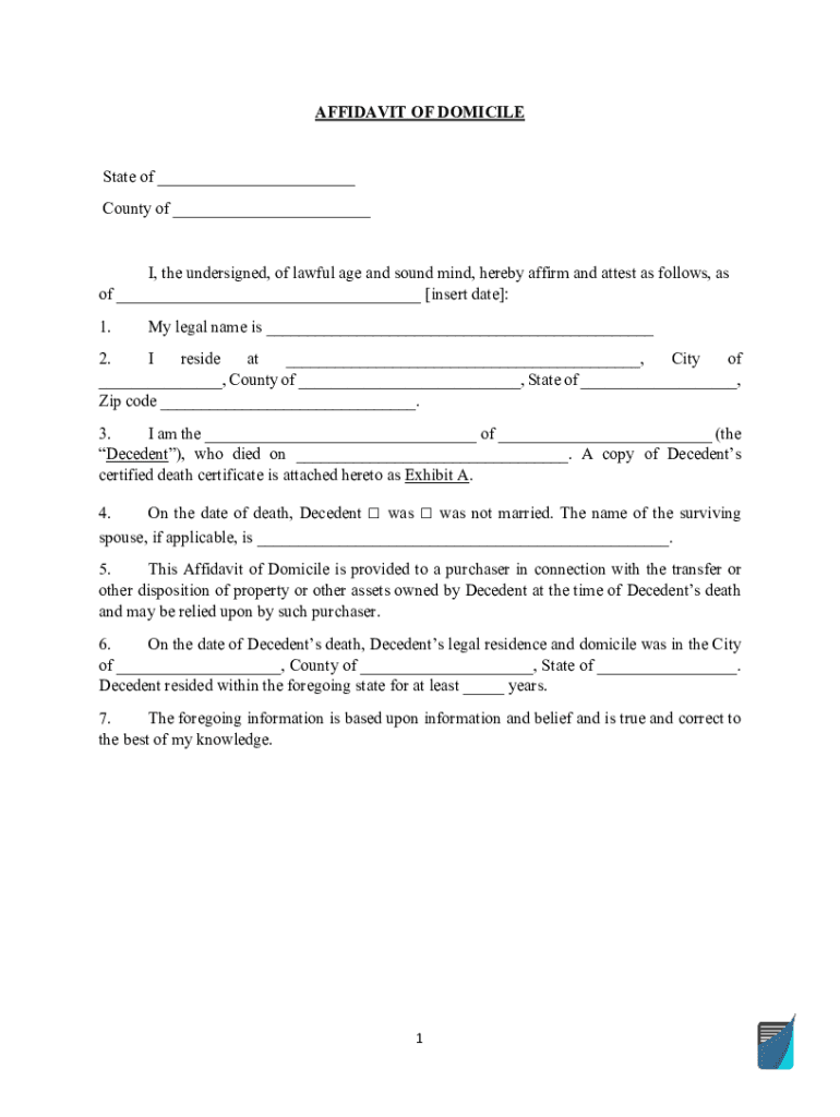 Affidavit of domicile form Affidavit of domicile template Preview on Page 1